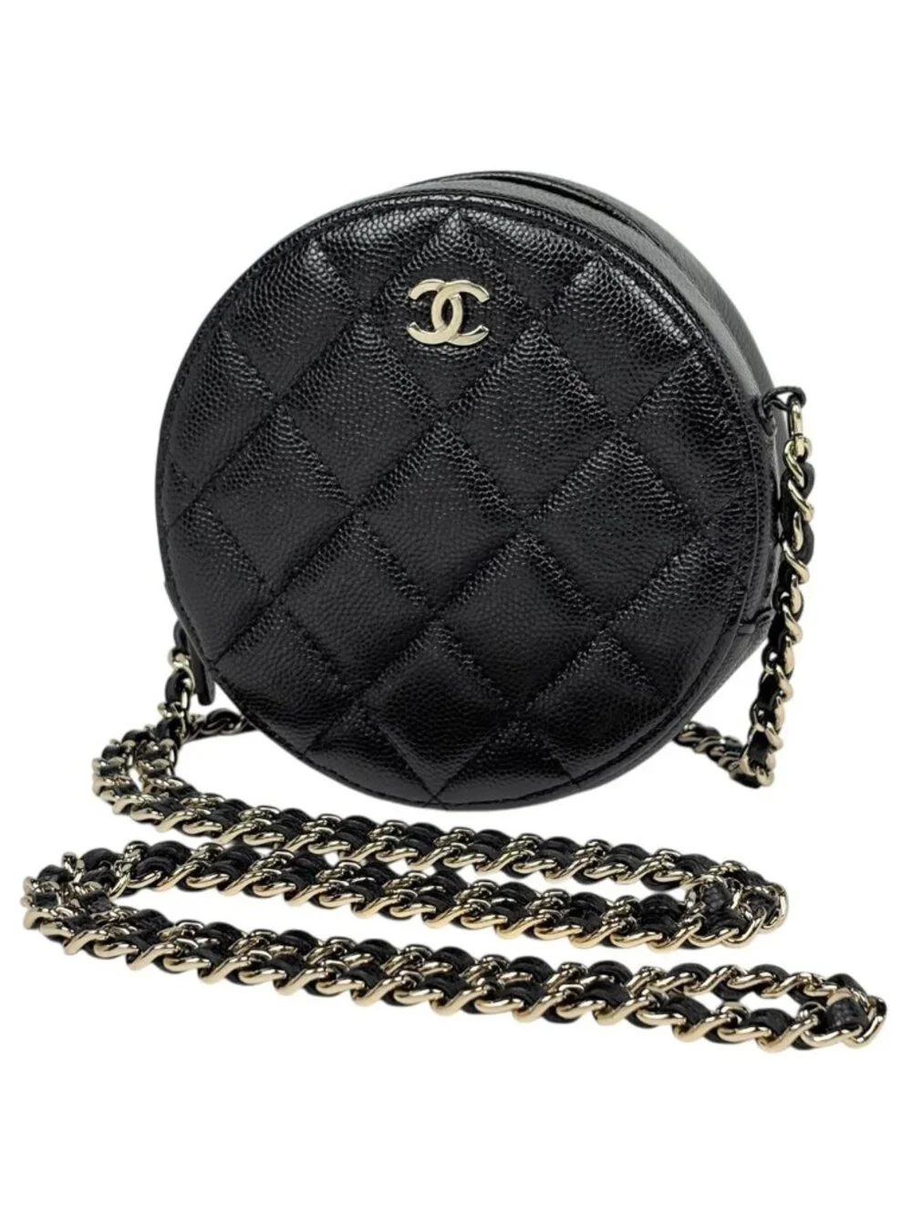 Chanel CC Logo Round Chain Shoulder Bag Quilted Classic Caviar Leather Black